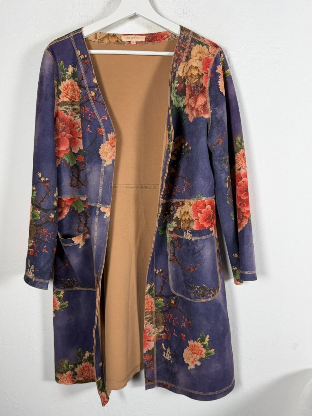 Solitaire Navy Floral Print Open Front Duster Cardigan Medium Boho Cottagecore